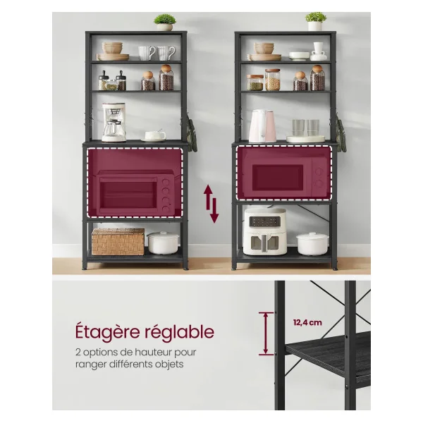 Meuble de Rangement Cuisine Étagère de Cuisine 6 Crochets Noir Four Micro Ondes 60x40x167 cm Gris Anthracite et Noir