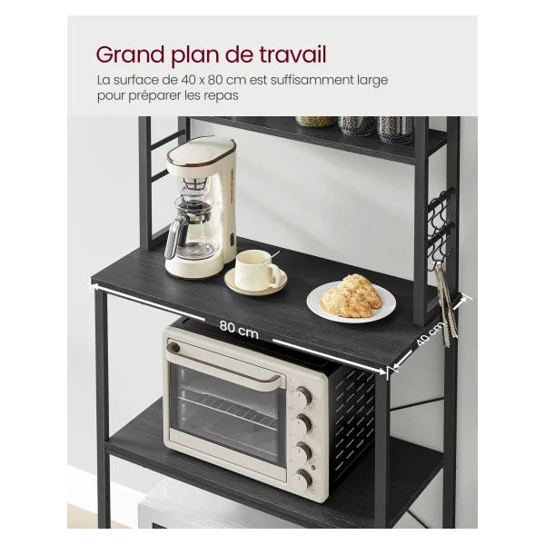 Meuble de Rangement Cuisine Étagère de Cuisine 6 Crochets Noir Four Micro Ondes