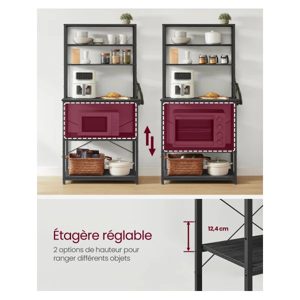Meuble de Rangement Cuisine Étagère de Cuisine 6 Crochets Noir Four Micro Ondes