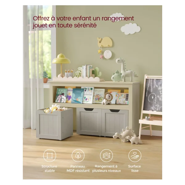 Meuble de Rangement Jouets Beige Sable 3 Rangements à Roulettes Rangement Chambre Salon