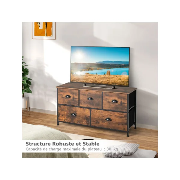 Meuble de Rangement Marron Rustique et Noir Commode avec 5 Tiroirs