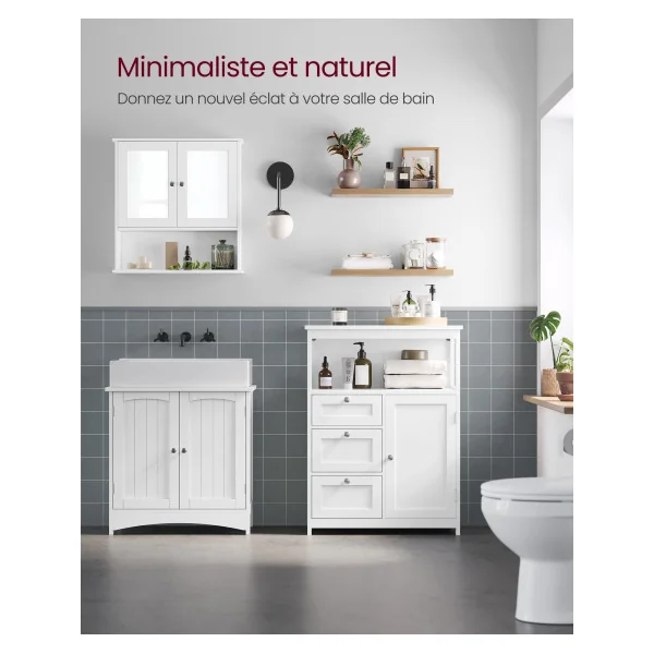 Meuble de Rangement Meuble de Salle de Bain 3 Tiroirs Blanc Commode avec Placard
