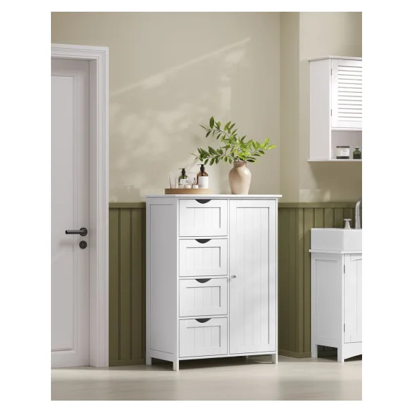 Meuble de Rangement Salon Chambre 4 Tiroirs 1 Placards Meuble Salle de Bain Blanc Buffet Tendance