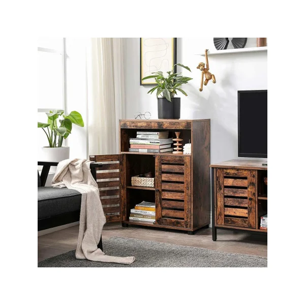 Meuble de Salle de Bain Marron Rustique Meuble de Rangement 2 Portes Placard 4 Niveaux