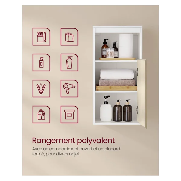 Meuble de Salle de Bain Mural 40 x 30 x 80 cm Blanc et Beige