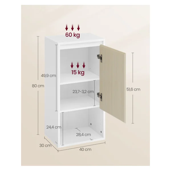 Meuble de Salle de Bain Mural 40 x 30 x 80 cm Blanc et Beige