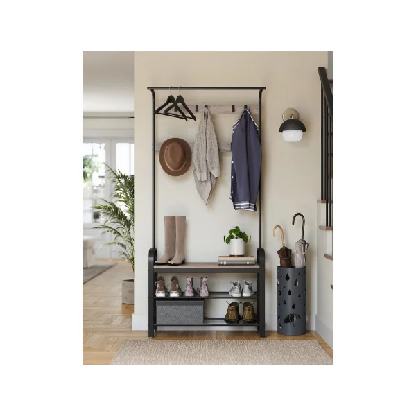 Meuble d'Entrée avec Rangement Grège et Noir Banc à Chaussure Porte Manteaux d'Entrée Industriel