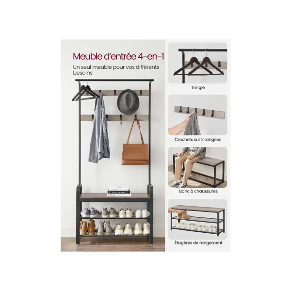 Meuble d'Entrée avec Rangement Grège et Noir Banc à Chaussure Porte Manteaux d'Entrée Industriel
