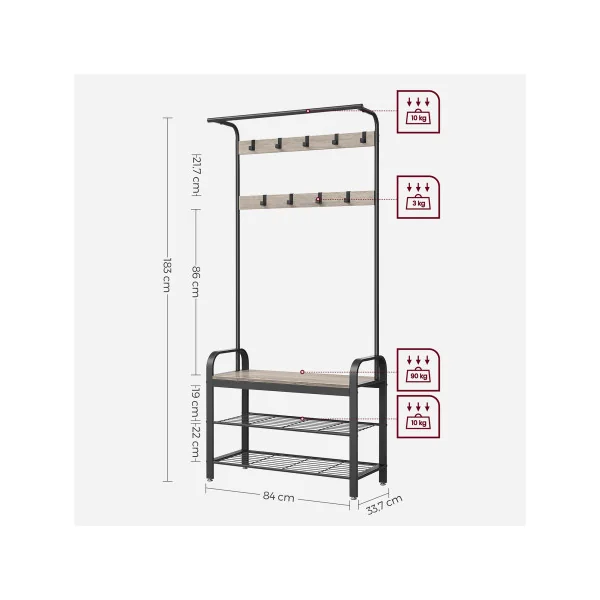Meuble d'Entrée avec Rangement Grège et Noir Banc à Chaussure Porte Manteaux d'Entrée Industriel