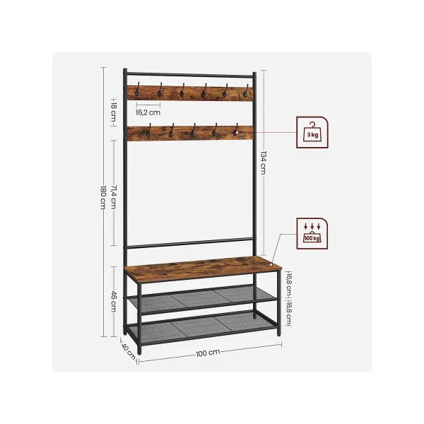 Meuble d'Entrée avec Rangement Marron Rustique et Noir Banc à Chaussure Porte Manteaux d'Entrée Industriel