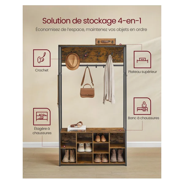 Meuble d'Entrée Banc à Chaussures Porte-Manteau avec Etagères à Chaussures Marron Rustique Noir