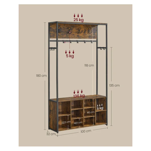 Meuble d'Entrée Banc à Chaussures Porte-Manteau avec Etagères à Chaussures Marron Rustique Noir