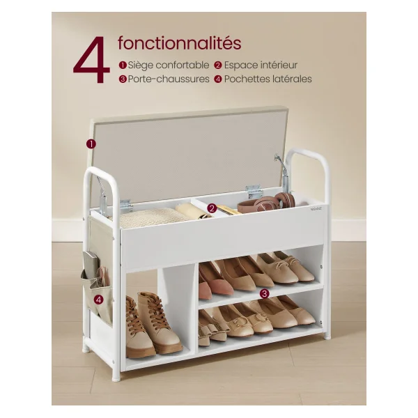 Meuble d’Entrée Blanc et Beige Banc à Chaussures avec Rangement Sous le Couvercle