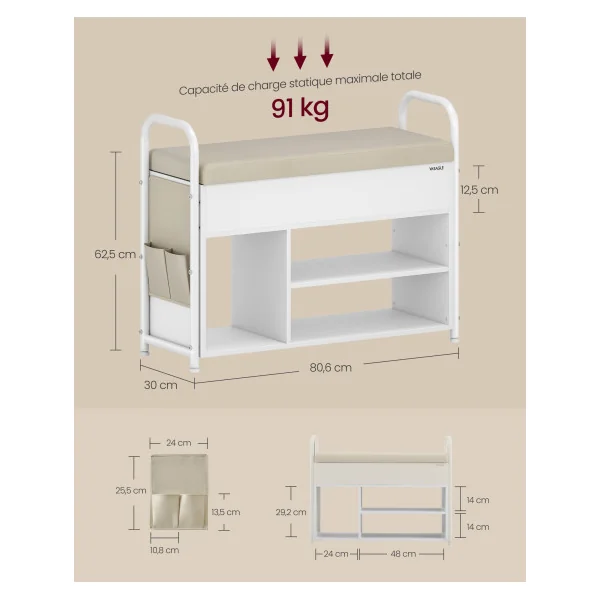 Meuble d’Entrée Blanc et Beige Banc à Chaussures avec Rangement Sous le Couvercle
