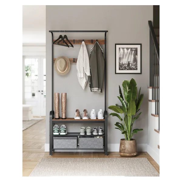 Meuble d’Entrée Porte-Manteau 3-en-1 Banc Chaussures Rangement Chaussures Marron Rustique Noir