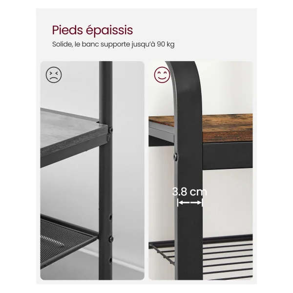 Meuble d’Entrée Porte-Manteau 3-en-1 Banc Chaussures Rangement Chaussures Marron Rustique Noir