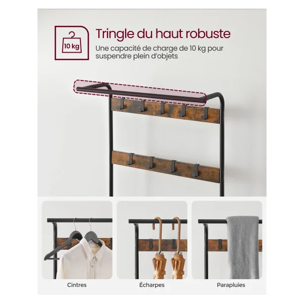 Meuble d’Entrée Porte-Manteau 3-en-1 Banc Chaussures Rangement Chaussures Marron Rustique Noir