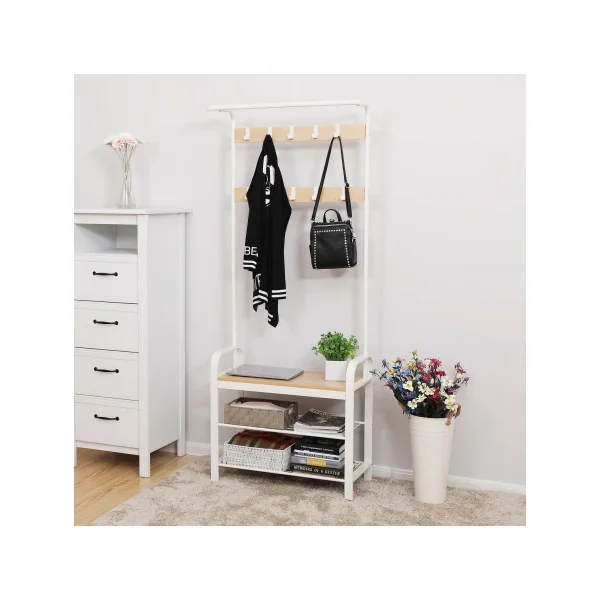Meuble d'Entrée Porte-Manteau avec Banc à Chaussures 72 x 34 x 183 cm Boisé et Métal Blanc