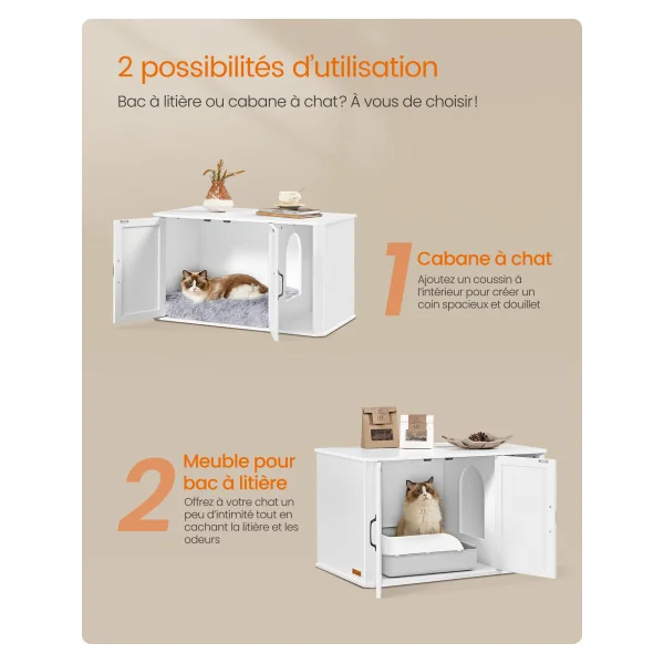 Meuble Moderne Cache-Litière Meuble Litière pour Chat 85x48,5x50 cm Blanc Nuage