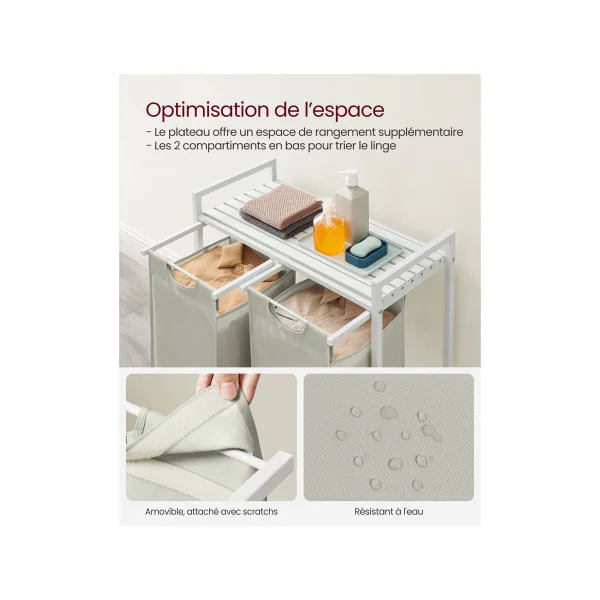 Meuble Panier à Linge Blanc 2 Compartiments 2x46L Corbeille à Linge Bac à Linge Sale