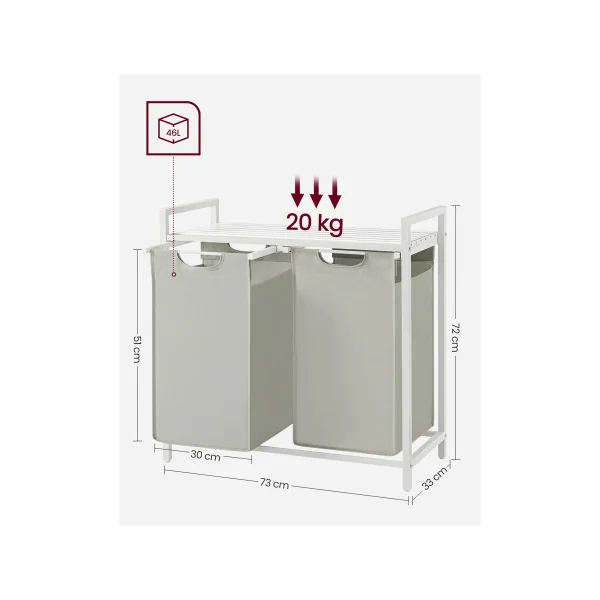Meuble Panier à Linge Blanc 2 Compartiments 2x46L Corbeille à Linge Bac à Linge Sale