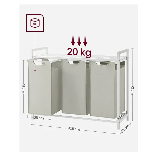 Meuble Panier à Linge Blanc 3 Compartiments 3x38L Corbeille à Linge Bac à Linge Sale