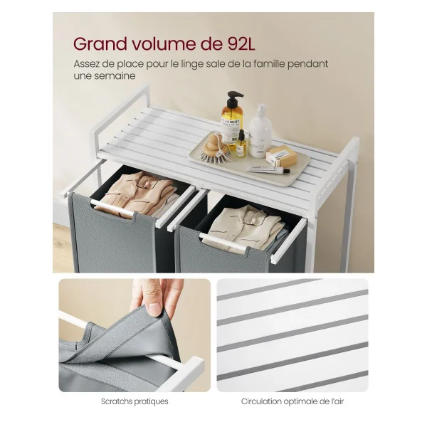Meuble Panier à Linge Blanc et Gris 2 Compartiments 2x46L Corbeille à Linge Bac à Linge Sale