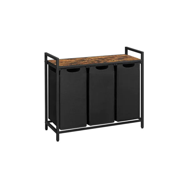Meuble Panier à Linge Noir et Marron Rustique 3 Compartiments 3x38L Corbeille à Linge Bac à Linge Sale