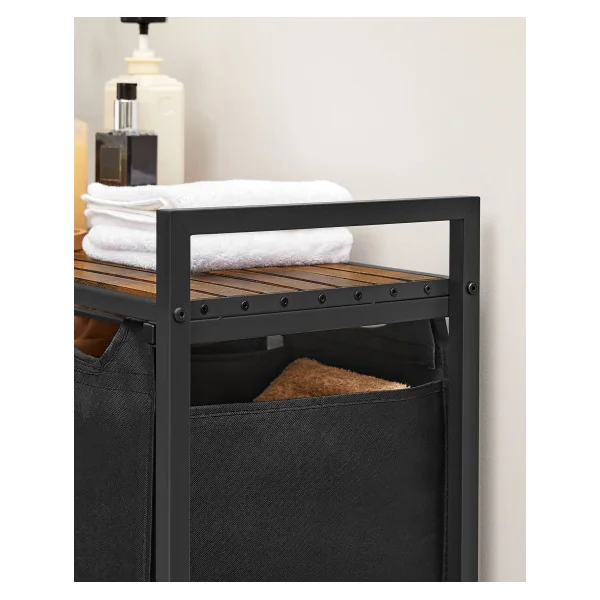 Meuble Panier à Linge Noir et Marron Rustique 3 Compartiments 3x38L Corbeille à Linge Bac à Linge Sale