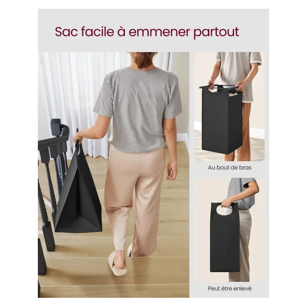 Meuble Panier à Linge Noir et Marron Rustique 3 Compartiments 3x38L Corbeille à Linge Bac à Linge Sale