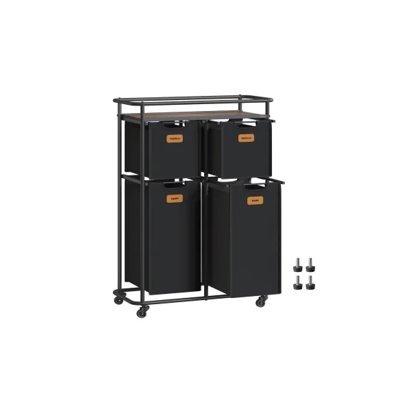 Meuble Panier à Linge Noir Mobile 4 Compartiments 2x25L et 2x50L Corbeille à Linge Bac à Linge Sale