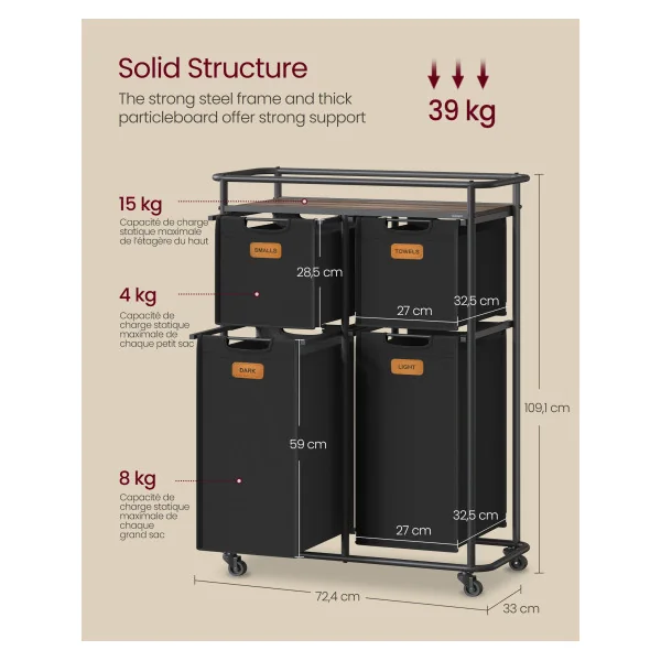 Meuble Panier à Linge Noir Mobile 4 Compartiments 2x25L et 2x50L Corbeille à Linge Bac à Linge Sale