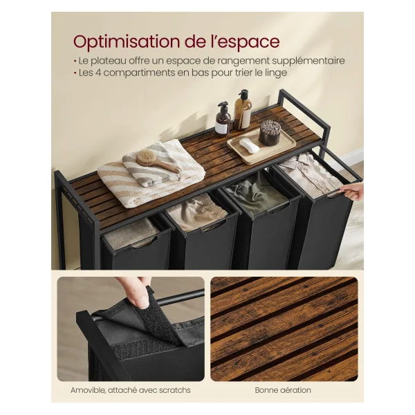 Meuble Rangement Linge Panier à Linge 4 Compartiments Marron Rustique et Noir Salle de Bain