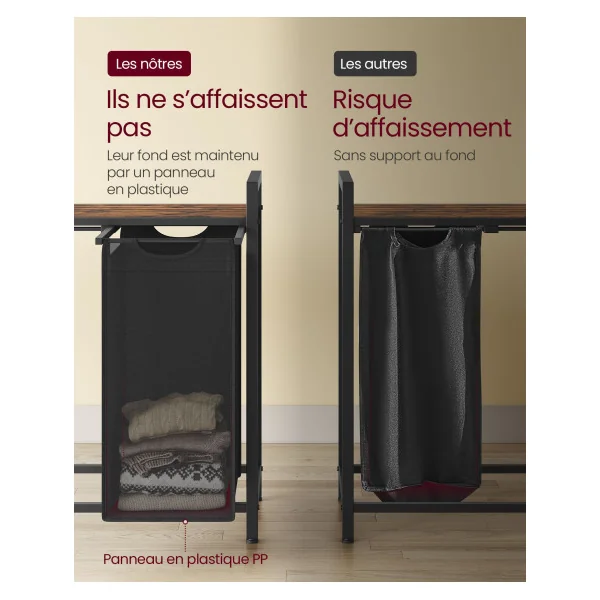 Meuble Rangement Linge Panier à Linge 4 Compartiments Marron Rustique et Noir Salle de Bain