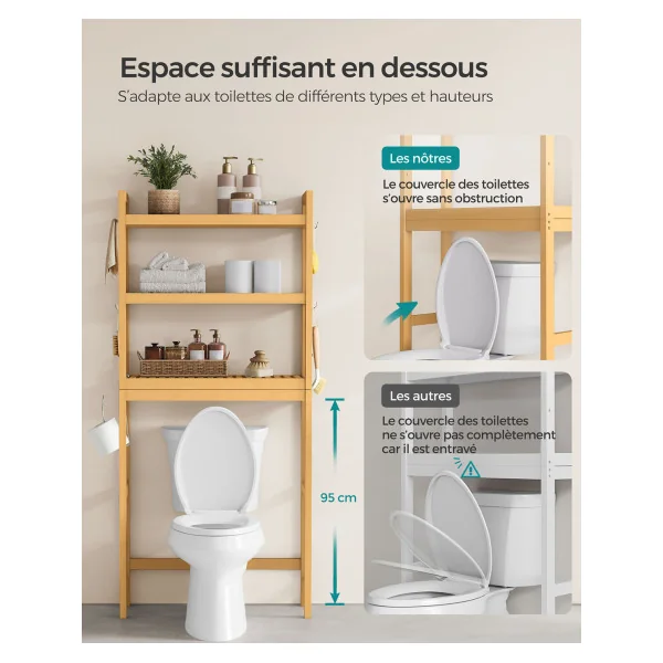 Meuble Rangement WC en Bambou Étagère Toilette en Bambou Support de Rangement 3 Niveaux