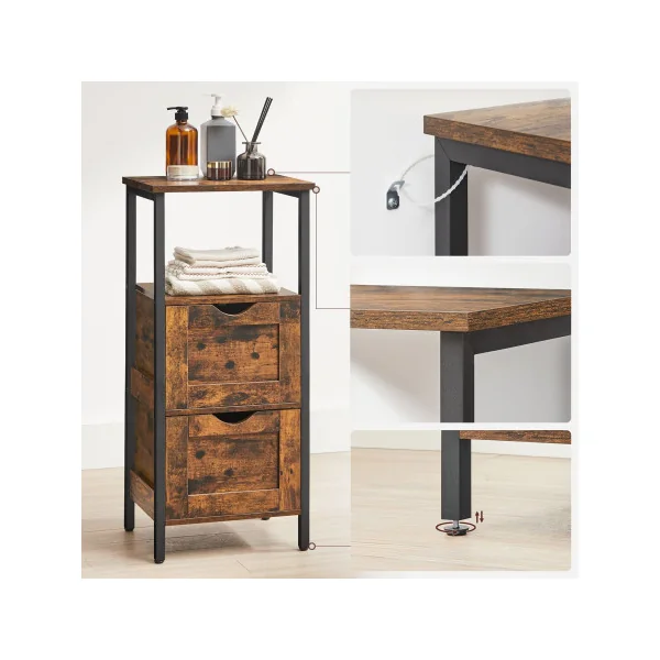 Meuble Salle de Bain Meuble de Rangement 2 Tiroirs Commode avec Compartiment Ouvert Marron rustique Noir
