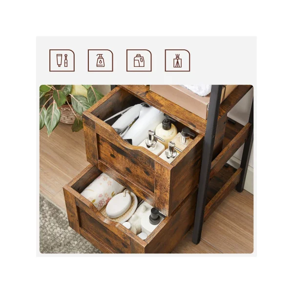 Meuble Salle de Bain Meuble de Rangement 2 Tiroirs Commode avec Compartiment Ouvert Marron rustique Noir