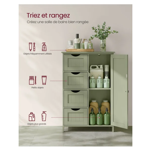 Meuble Salle de Bain Vert Forêt Rangement avec 4 Tiroirs Placard avec Porte