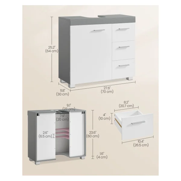 Meuble Sous Lavabo 3 Tiroirs 70x30x64 cm Blanc Gris Meuble de Salle de Bain Sous Vasque