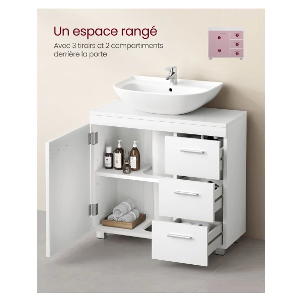 Meuble sous Lavabo 3 Tiroirs Latéraux Meuble de Salle de Bain Blanc Nuage