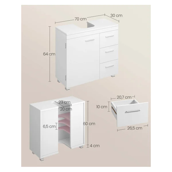 Meuble sous Lavabo 3 Tiroirs Latéraux Meuble de Salle de Bain Blanc Nuage