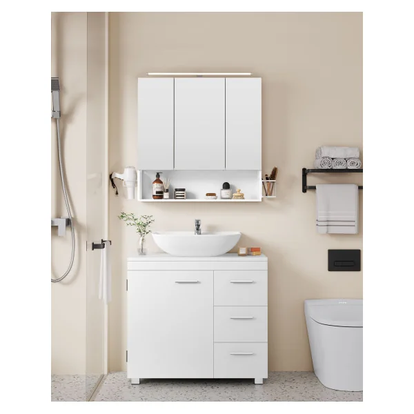 Meuble sous Lavabo 3 Tiroirs Latéraux Meuble de Salle de Bain Blanc Nuage