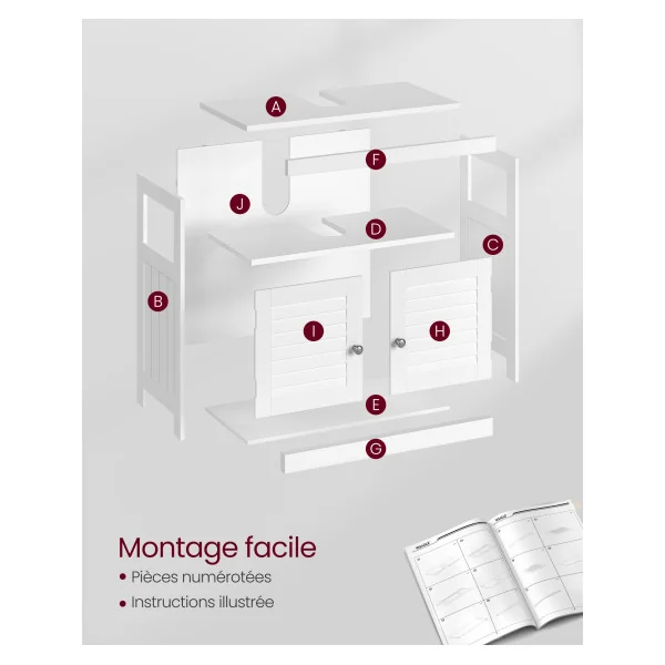 Meuble Sous Lavabo Armoire de Rangement Meuble de Salle de Bain 2 Portes Volets