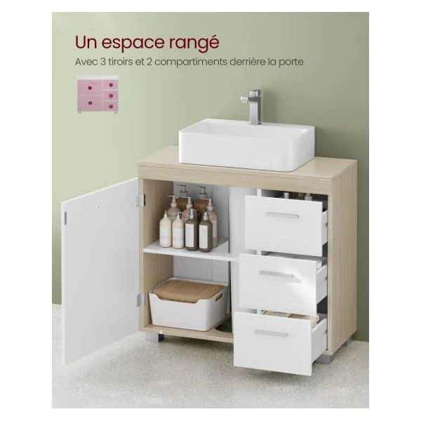 Meuble Sous Vasque 3 Tiroirs Meuble Sous Lavabo 70x30x64 cm Blanc et Beige