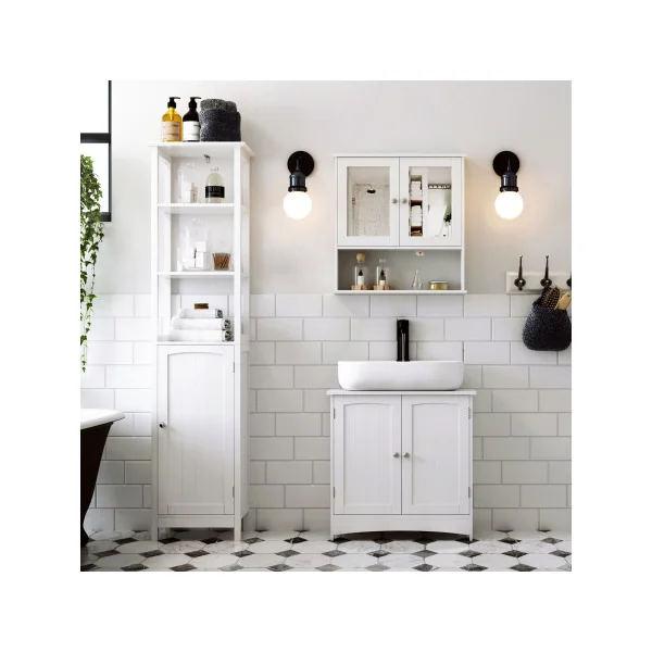 Meuble Sous Vasque Blanc Meuble Lavabo Salle de Bain 2 Portes Battantes 2 Casiers 1 Séparateur Amovible