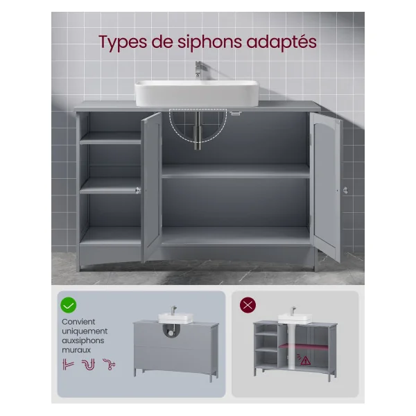 Meuble Sous Vasque Gris Meuble Sous Lavabo Salle de Bain avec 2 Portes Etagères Réglables