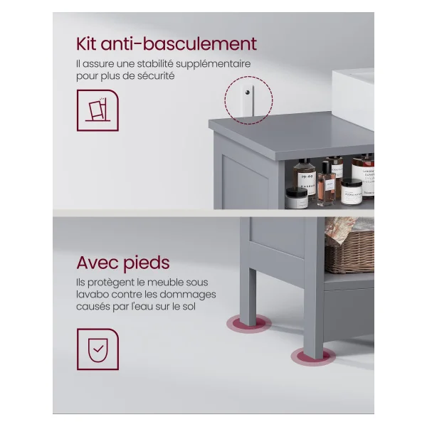 Meuble Sous Vasque Gris Meuble Sous Lavabo Salle de Bain avec 2 Portes Etagères Réglables
