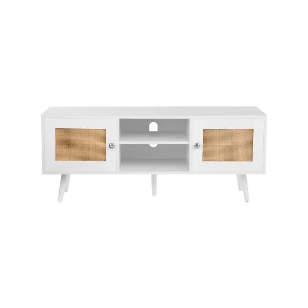 Meuble TV 120 cm Rétro Blanc Façades en Rotin pour Téléviseur Banc TV