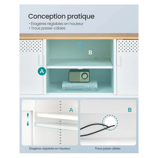 Meuble TV avec 3 Etagères Réglable 2 Placards Chêne et Blanc Meuble Télévision