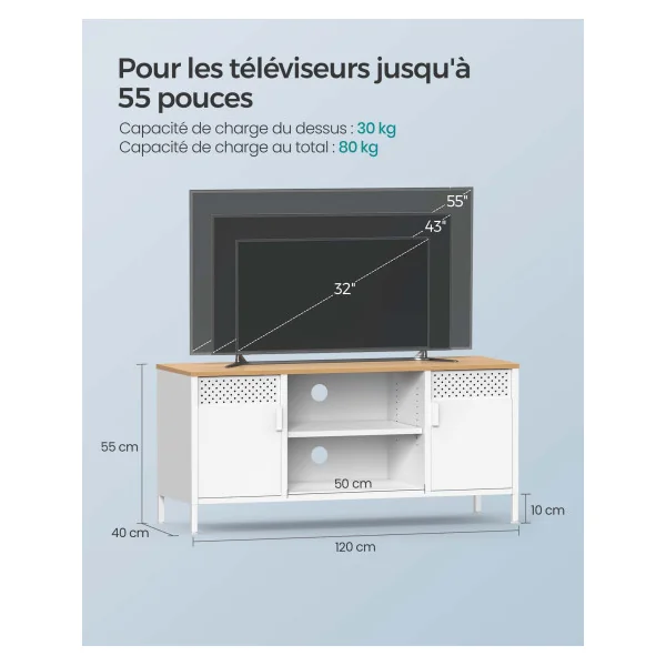 Meuble TV avec 3 Etagères Réglable 2 Placards Chêne et Blanc Meuble Télévision